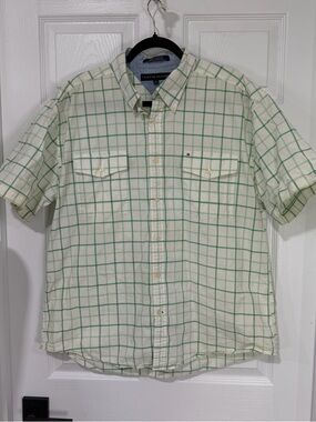 Tommy Hilfiger Men’s Cream Button-Down Shirt with Green Windowpane